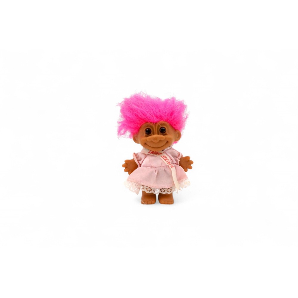Vintage Russ Troll Doll Sweet Sixteen Pink Hair & Dress 5" 1990s